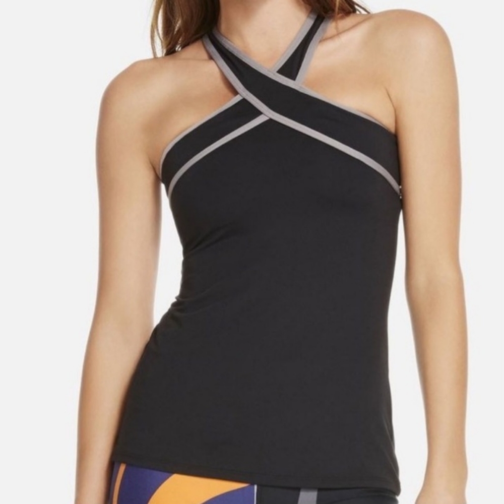 Fabletics Chicago Black Trimmed Halter Keyhole Tank Top Size XS Cross Over NEW